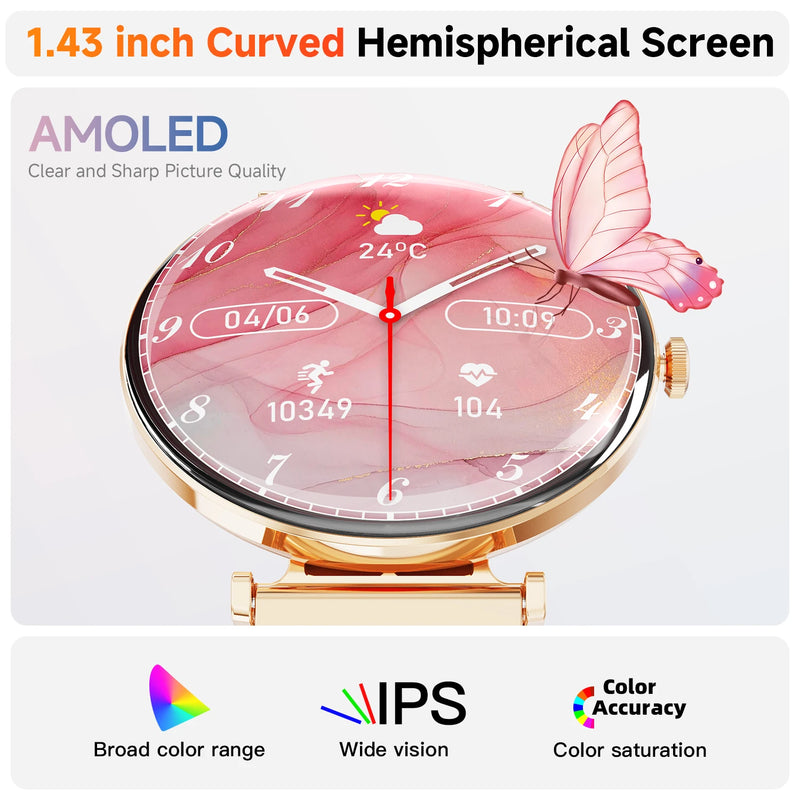 **Relógio Inteligente Feminino 2025 com Tela AMOLED HD de 1,43", IP68 à Prova d'Água, Monitor de Frequência Cardíaca, Esportivo Fitness, Compatível com Android.**