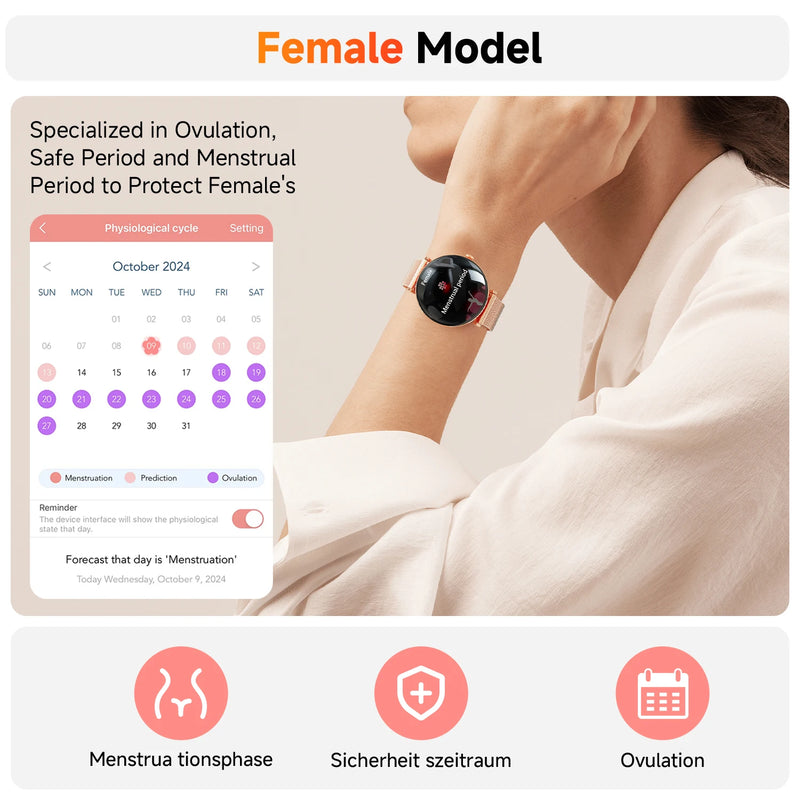 **Relógio Inteligente Feminino 2025 com Tela AMOLED HD de 1,43", IP68 à Prova d'Água, Monitor de Frequência Cardíaca, Esportivo Fitness, Compatível com Android.**