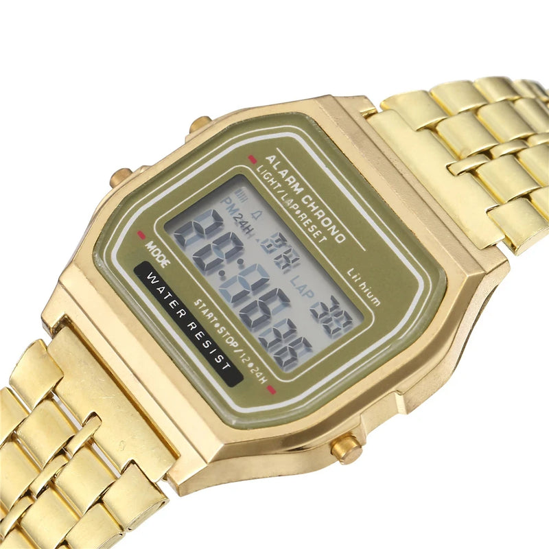 Relógio Digital — Esportivo, à Prova d'Água, Pulseira Dourada, LED, Unissex, Casual, Estilo Bracelete.