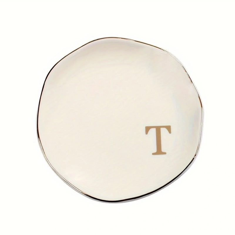Initials Ring Dish Jewery Tray with Personalized A-Z Monogrammed Gifts Wedding Engagement for Women Friends sister,Ceramic White