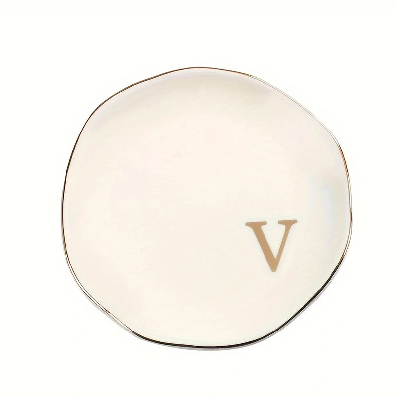 Initials Ring Dish Jewery Tray with Personalized A-Z Monogrammed Gifts Wedding Engagement for Women Friends sister,Ceramic White