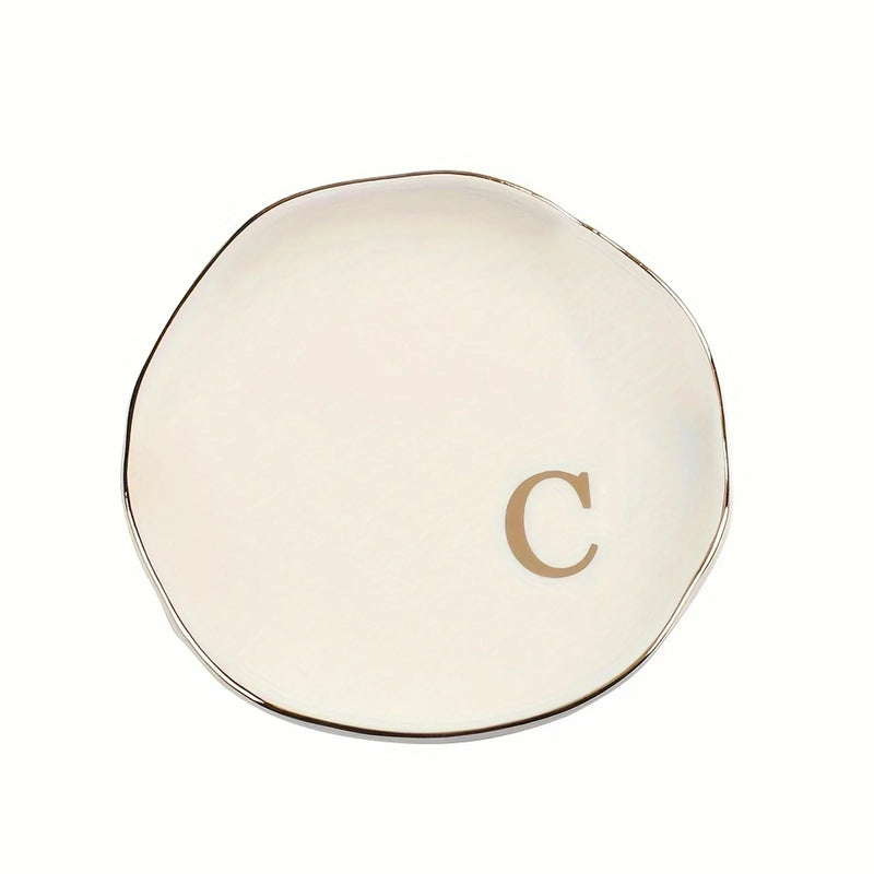 Initials Ring Dish Jewery Tray with Personalized A-Z Monogrammed Gifts Wedding Engagement for Women Friends sister,Ceramic White