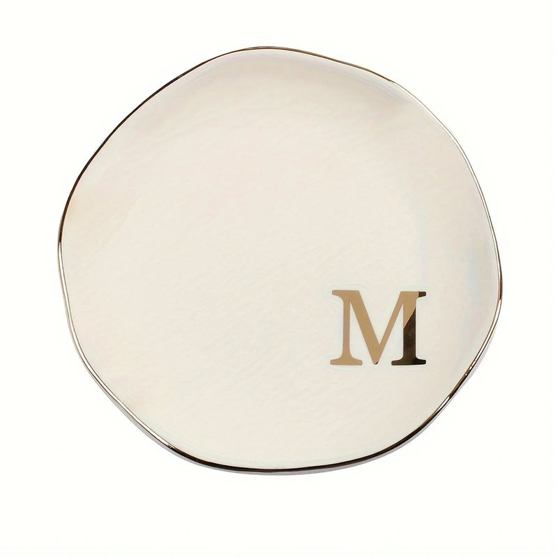 Initials Ring Dish Jewery Tray with Personalized A-Z Monogrammed Gifts Wedding Engagement for Women Friends sister,Ceramic White