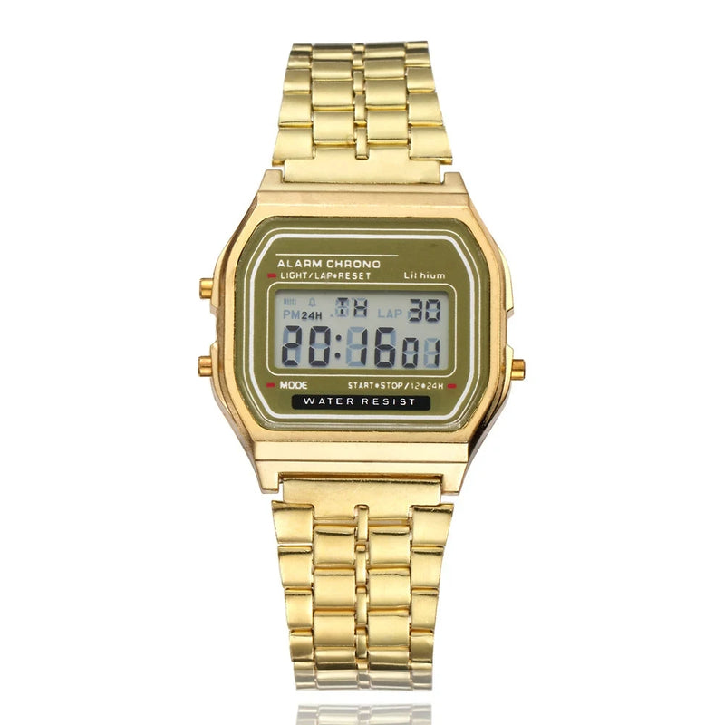 Relógio Digital — Esportivo, à Prova d'Água, Pulseira Dourada, LED, Unissex, Casual, Estilo Bracelete.