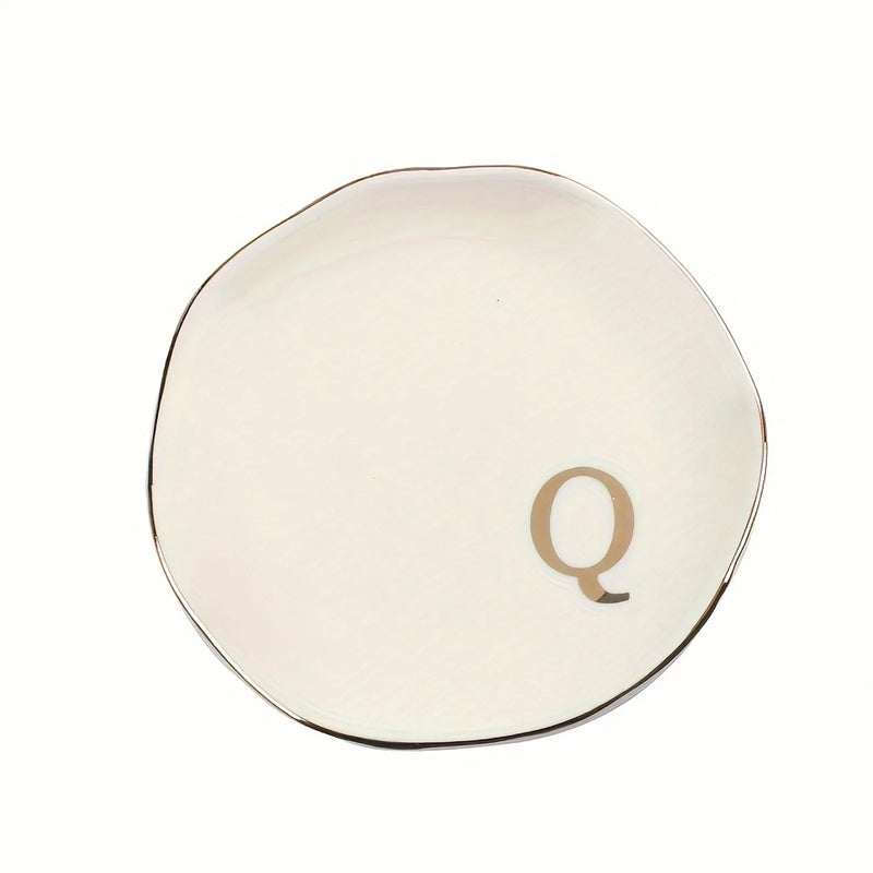 Initials Ring Dish Jewery Tray with Personalized A-Z Monogrammed Gifts Wedding Engagement for Women Friends sister,Ceramic White