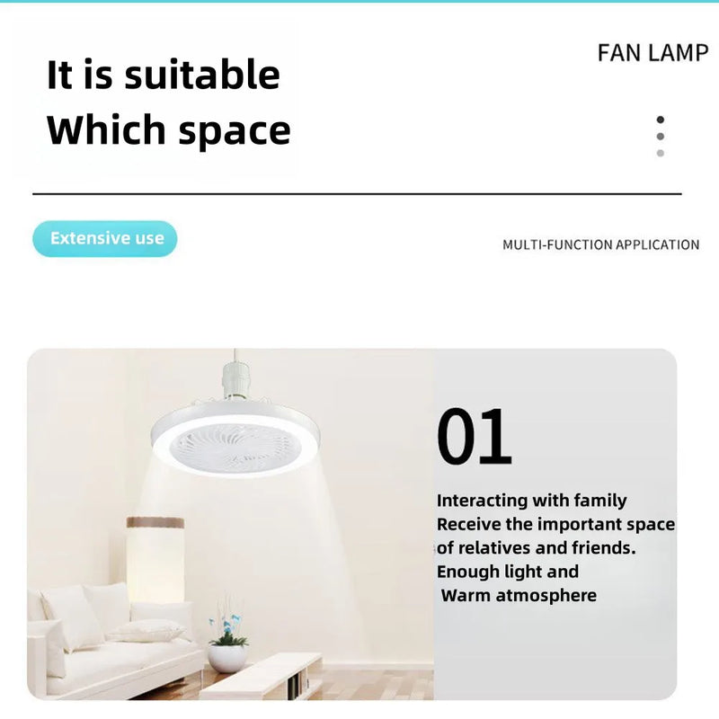 O Rotatable 3-in-1 Ceiling Fan é um ventilador de teto multifuncional que combina iluminação e controle remoto. Ele usa uma base de lâmpada E27, o que significa que pode ser instalado como uma lâmpada comum.