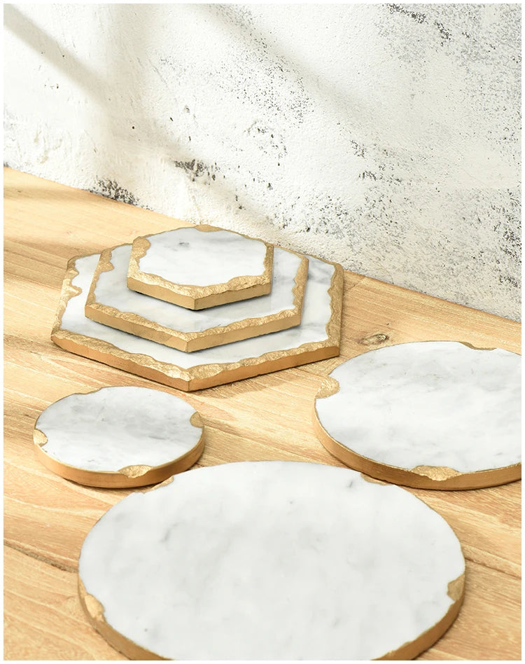 European Natural Marble Golden Stroke Cake Trays Decorative Modern Jewelry Cosmetic Storage Tray Dessert Plate Coffee Coaster