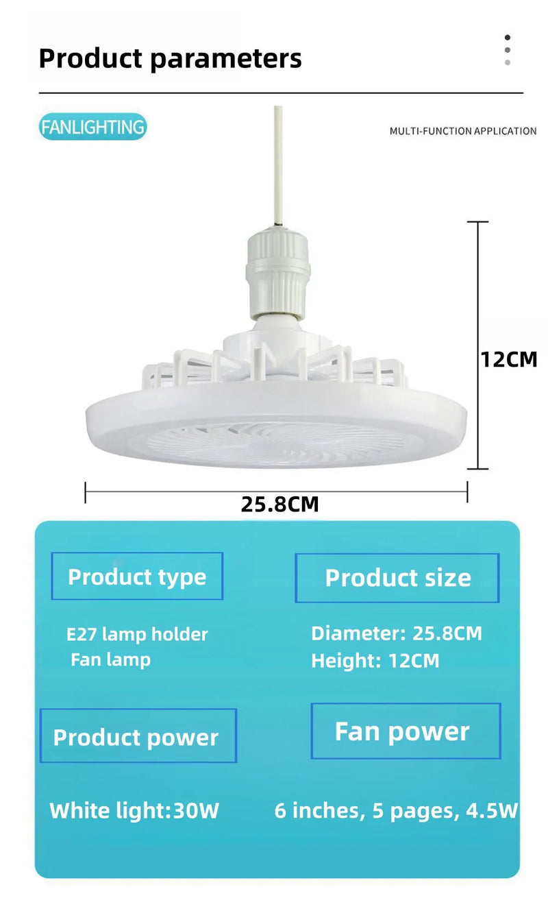 O Rotatable 3-in-1 Ceiling Fan é um ventilador de teto multifuncional que combina iluminação e controle remoto. Ele usa uma base de lâmpada E27, o que significa que pode ser instalado como uma lâmpada comum.