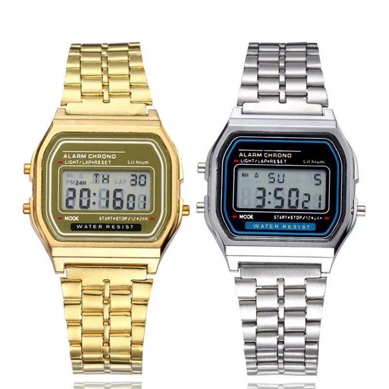 Relógio Digital — Esportivo, à Prova d'Água, Pulseira Dourada, LED, Unissex, Casual, Estilo Bracelete.