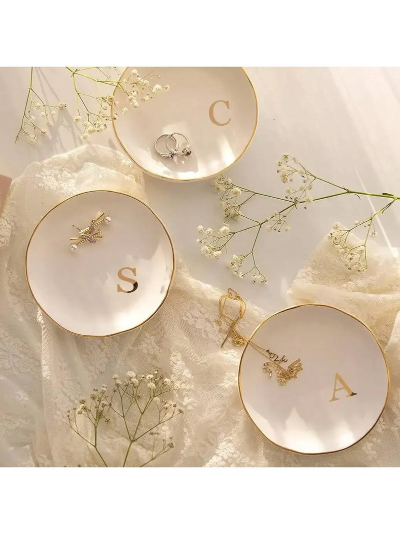 Initials Ring Dish Jewery Tray with Personalized A-Z Monogrammed Gifts Wedding Engagement for Women Friends sister,Ceramic White