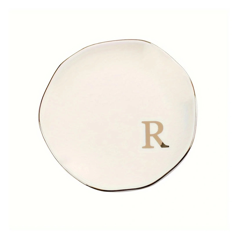Initials Ring Dish Jewery Tray with Personalized A-Z Monogrammed Gifts Wedding Engagement for Women Friends sister,Ceramic White
