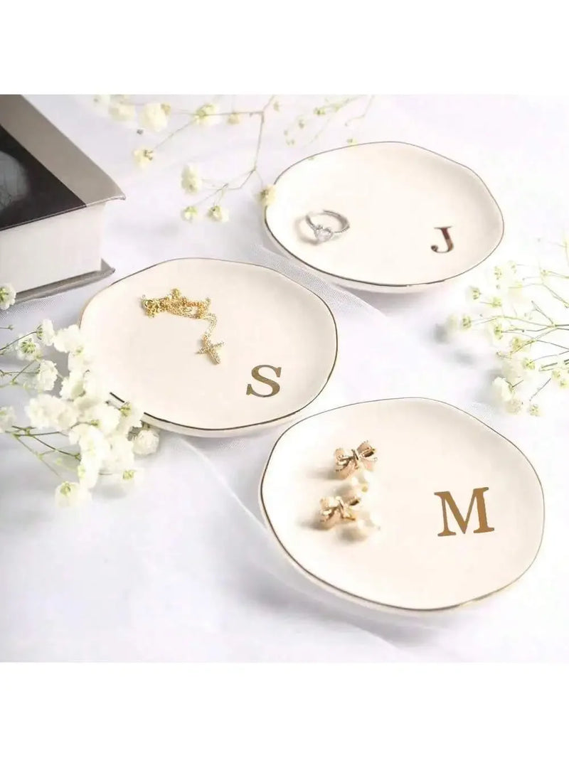 Initials Ring Dish Jewery Tray with Personalized A-Z Monogrammed Gifts Wedding Engagement for Women Friends sister,Ceramic White