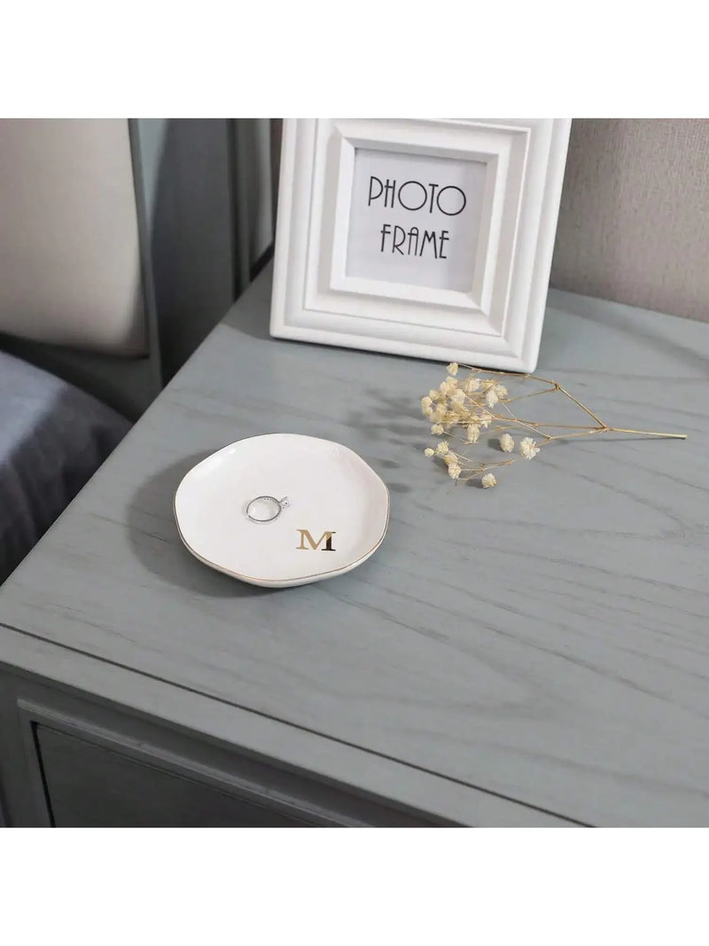 Initials Ring Dish Jewery Tray with Personalized A-Z Monogrammed Gifts Wedding Engagement for Women Friends sister,Ceramic White
