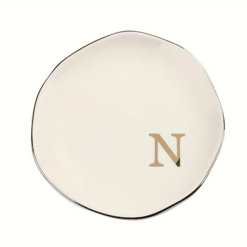 Initials Ring Dish Jewery Tray with Personalized A-Z Monogrammed Gifts Wedding Engagement for Women Friends sister,Ceramic White