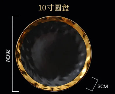 European Style Gold Side Black Plate Retro  Matte Steak Dish Dessert Tray Kitchen Dinner Plates Ceramic Dishes Bowls 1pcs