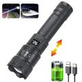 Lanterna Tática LED de Alta Potência 300000LM com Display – Recarregável via USB, Zoom, Ideal para Camping, Pesca e Autodefesa