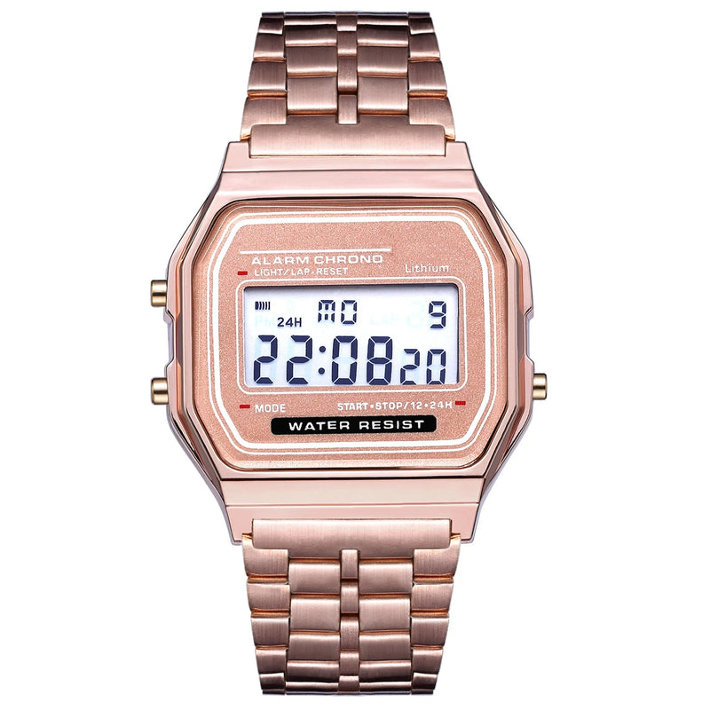 Relógio Digital — Esportivo, à Prova d'Água, Pulseira Dourada, LED, Unissex, Casual, Estilo Bracelete.