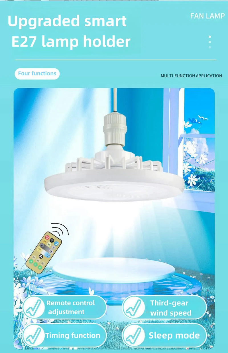 O Rotatable 3-in-1 Ceiling Fan é um ventilador de teto multifuncional que combina iluminação e controle remoto. Ele usa uma base de lâmpada E27, o que significa que pode ser instalado como uma lâmpada comum.