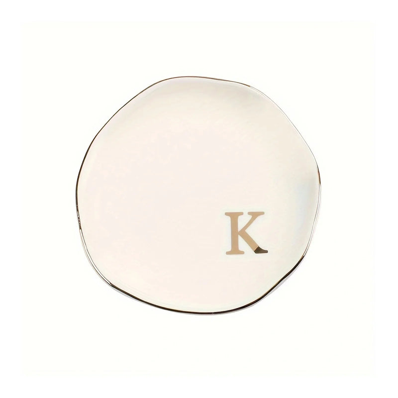 Initials Ring Dish Jewery Tray with Personalized A-Z Monogrammed Gifts Wedding Engagement for Women Friends sister,Ceramic White