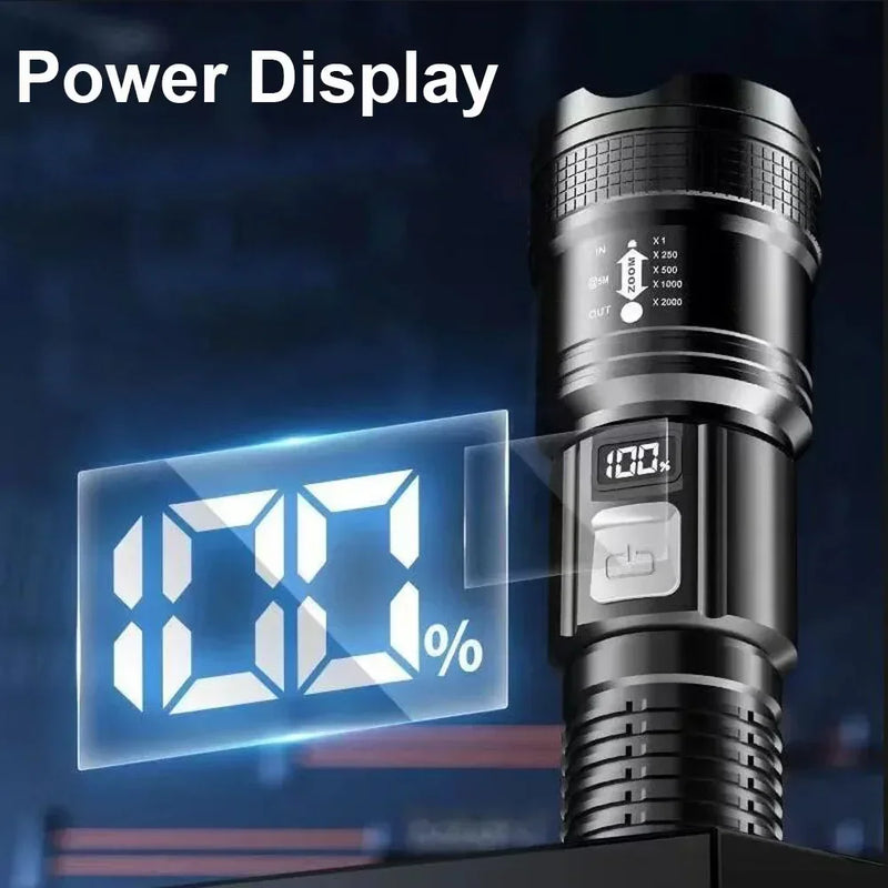 Lanterna Tática LED de Alta Potência 300000LM com Display – Recarregável via USB, Zoom, Ideal para Camping, Pesca e Autodefesa
