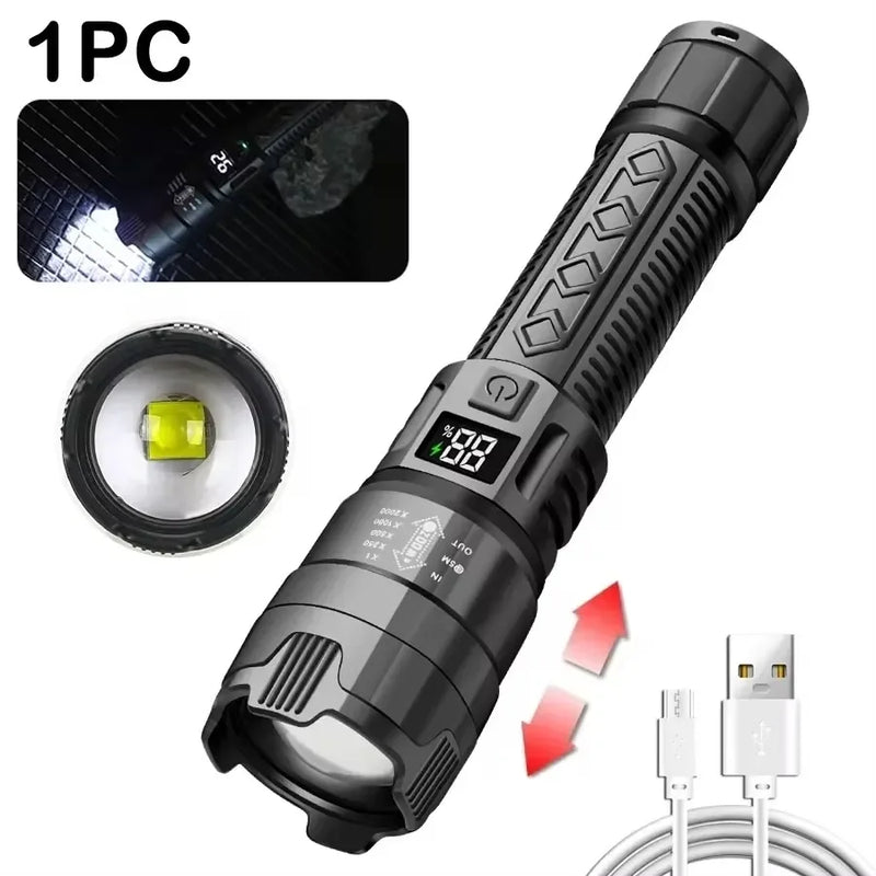 Lanterna Tática LED de Alta Potência 300000LM com Display – Recarregável via USB, Zoom, Ideal para Camping, Pesca e Autodefesa