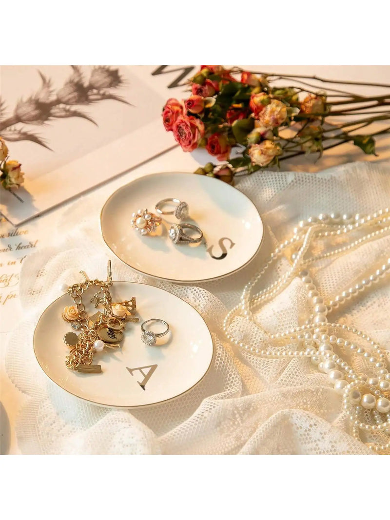 Initials Ring Dish Jewery Tray with Personalized A-Z Monogrammed Gifts Wedding Engagement for Women Friends sister,Ceramic White
