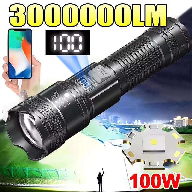 Lanterna Tática LED de Alta Potência 300000LM com Display – Recarregável via USB, Zoom, Ideal para Camping, Pesca e Autodefesa