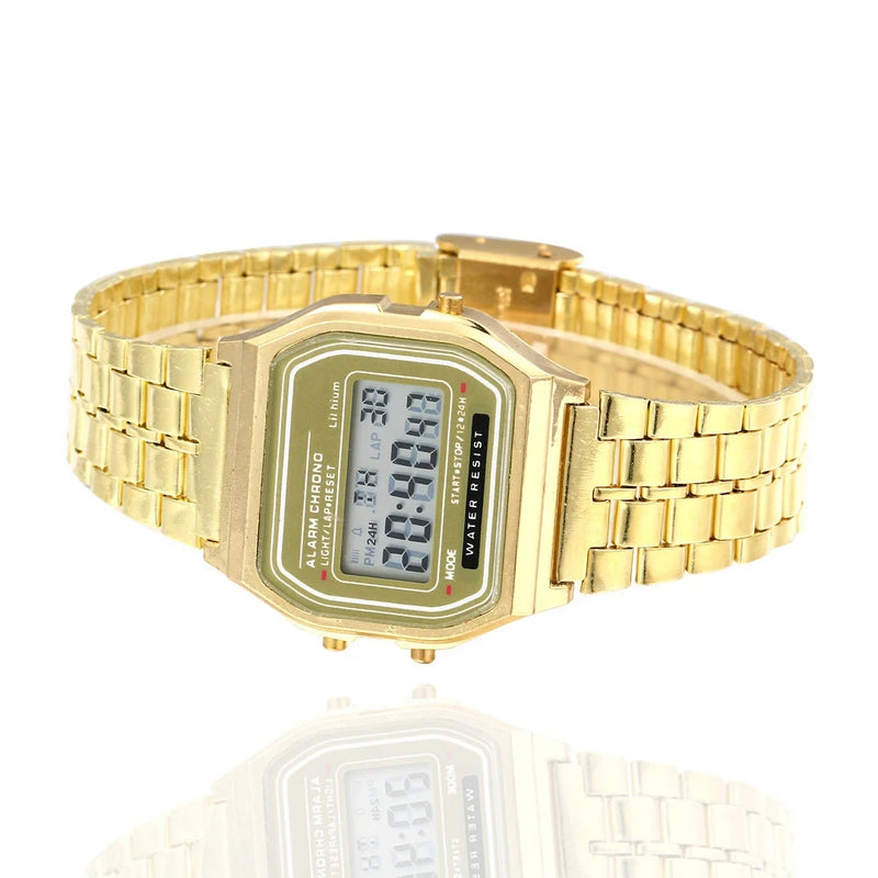 Relógio Digital — Esportivo, à Prova d'Água, Pulseira Dourada, LED, Unissex, Casual, Estilo Bracelete.