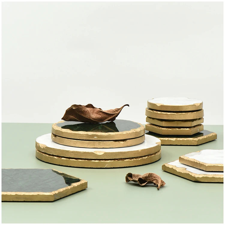 European Natural Marble Golden Stroke Cake Trays Decorative Modern Jewelry Cosmetic Storage Tray Dessert Plate Coffee Coaster