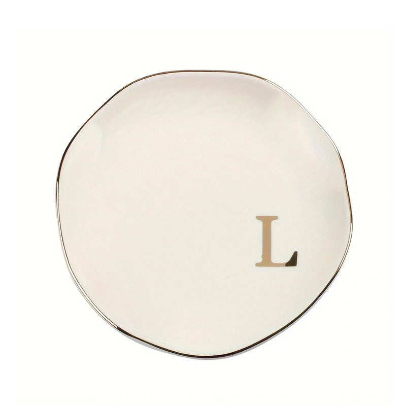 Initials Ring Dish Jewery Tray with Personalized A-Z Monogrammed Gifts Wedding Engagement for Women Friends sister,Ceramic White