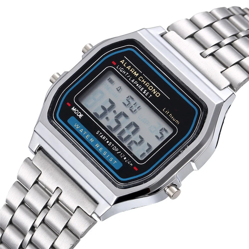 Relógio Digital — Esportivo, à Prova d'Água, Pulseira Dourada, LED, Unissex, Casual, Estilo Bracelete.