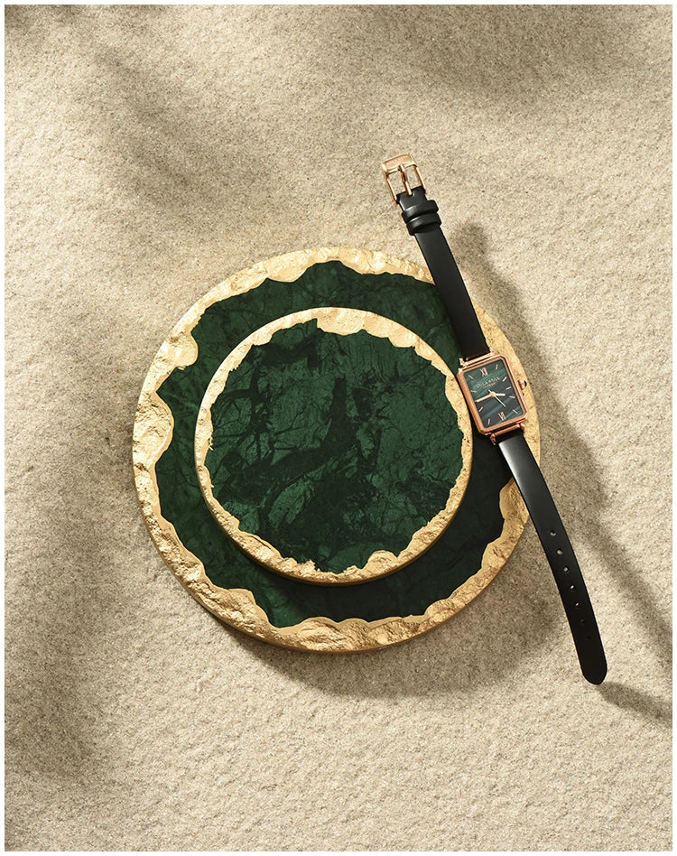 European Natural Marble Golden Stroke Cake Trays Decorative Modern Jewelry Cosmetic Storage Tray Dessert Plate Coffee Coaster