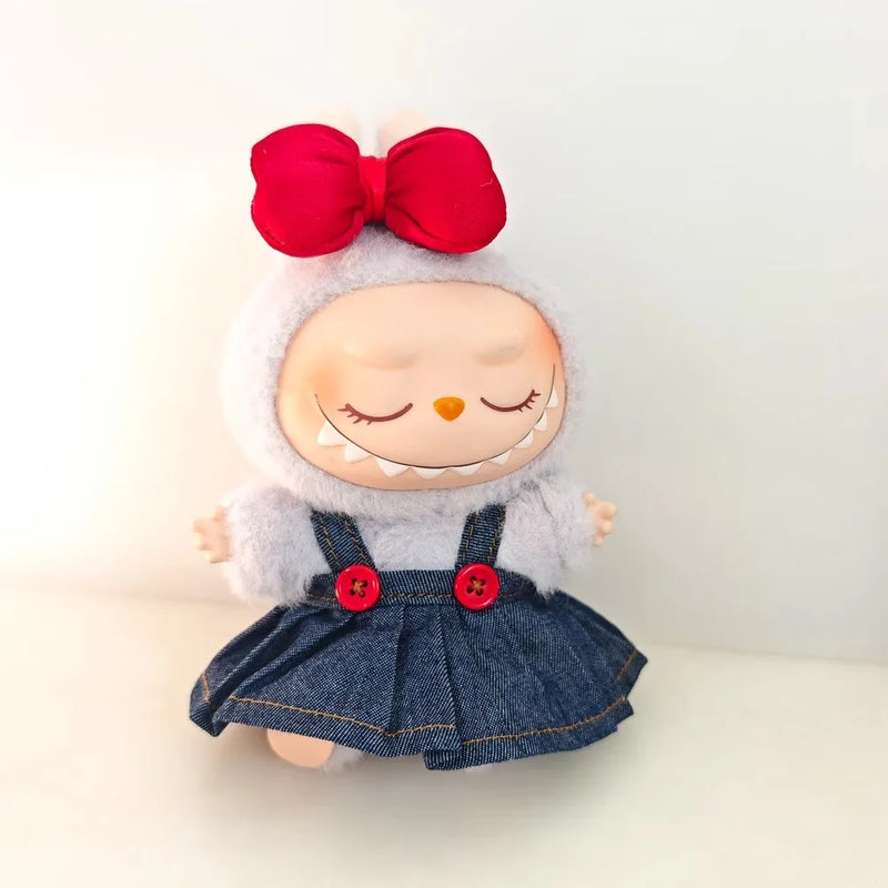 Labubu Doll Clothes & Accessories Denim Skirt With Red Bow Headband Set Trendy Outfits for Labubu Collectibles