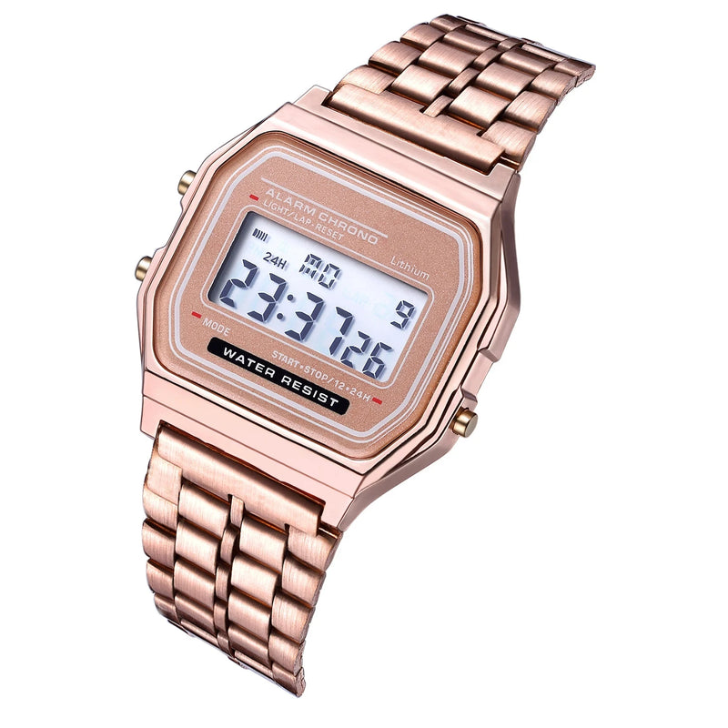 Relógio Digital — Esportivo, à Prova d'Água, Pulseira Dourada, LED, Unissex, Casual, Estilo Bracelete.