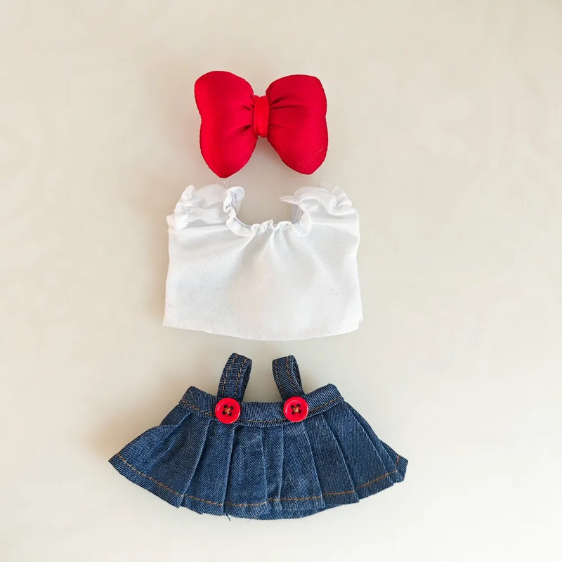 Labubu Doll Clothes & Accessories Denim Skirt With Red Bow Headband Set Trendy Outfits for Labubu Collectibles