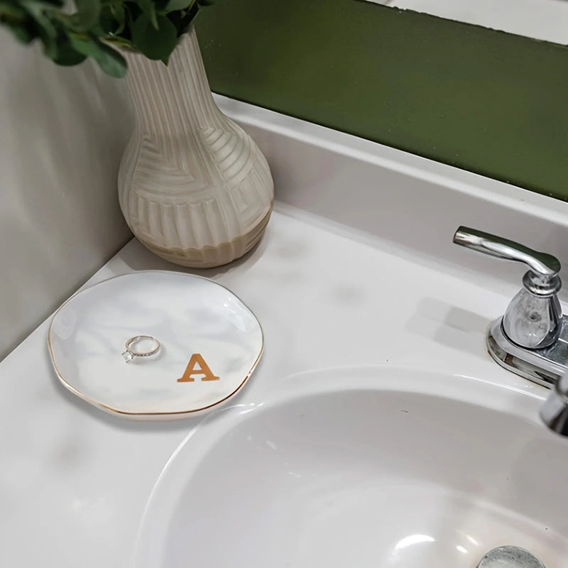 Initials Ring Dish Jewery Tray with Personalized A-Z Monogrammed Gifts Wedding Engagement for Women Friends sister,Ceramic White