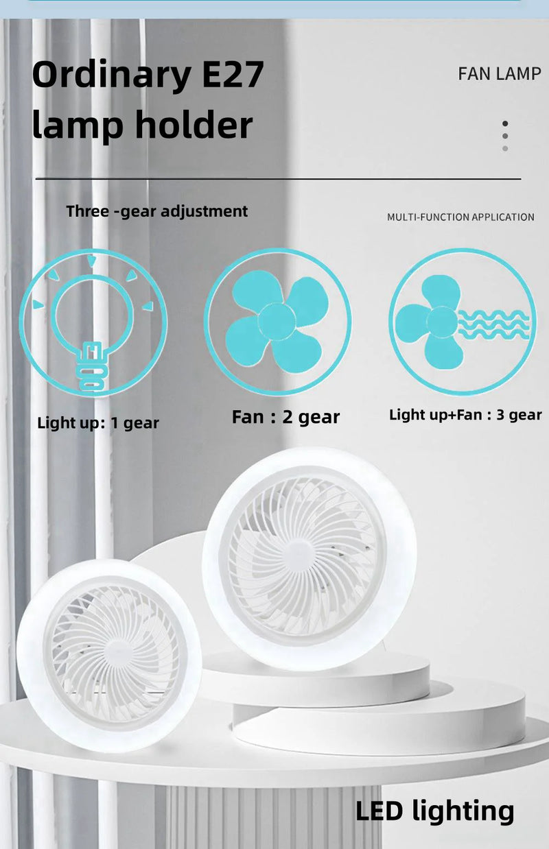 O Rotatable 3-in-1 Ceiling Fan é um ventilador de teto multifuncional que combina iluminação e controle remoto. Ele usa uma base de lâmpada E27, o que significa que pode ser instalado como uma lâmpada comum.