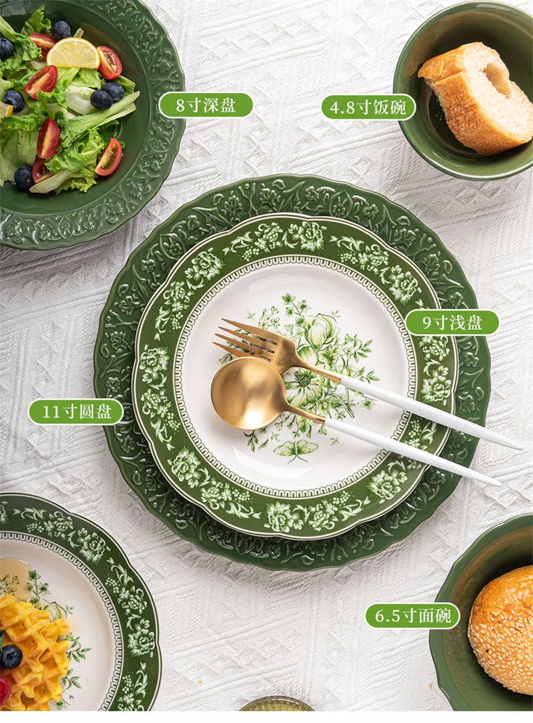 French Baroque Relief Ceramic Plates and Bowls Palace Style Vintage Home Dinner Plates Noodle Bowl Hotel Tableware Kitchen Items