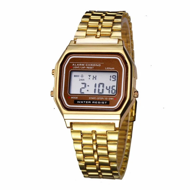 Relógio Digital — Esportivo, à Prova d'Água, Pulseira Dourada, LED, Unissex, Casual, Estilo Bracelete.
