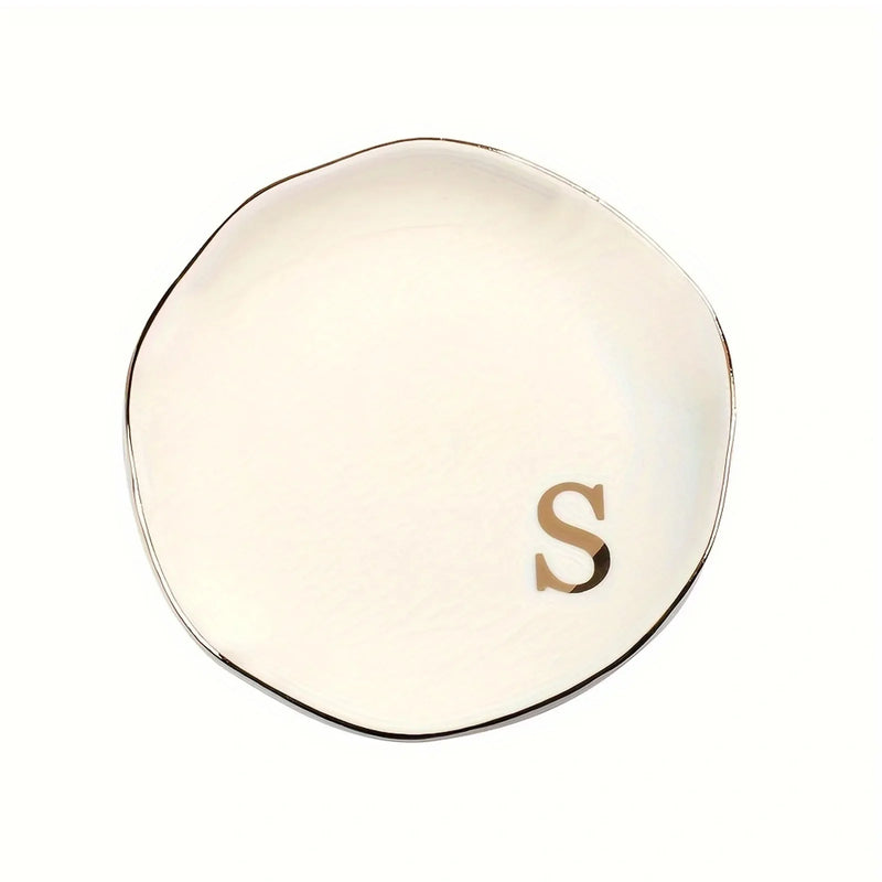 Initials Ring Dish Jewery Tray with Personalized A-Z Monogrammed Gifts Wedding Engagement for Women Friends sister,Ceramic White