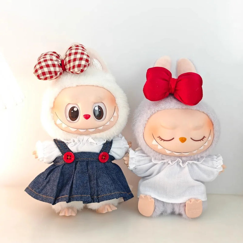 Labubu Doll Clothes & Accessories Denim Skirt With Red Bow Headband Set Trendy Outfits for Labubu Collectibles